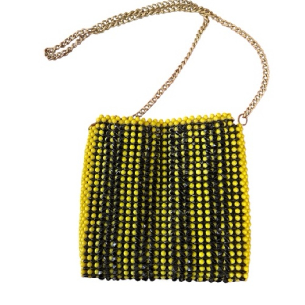 vintage beaded purse yellow and black with gold chain